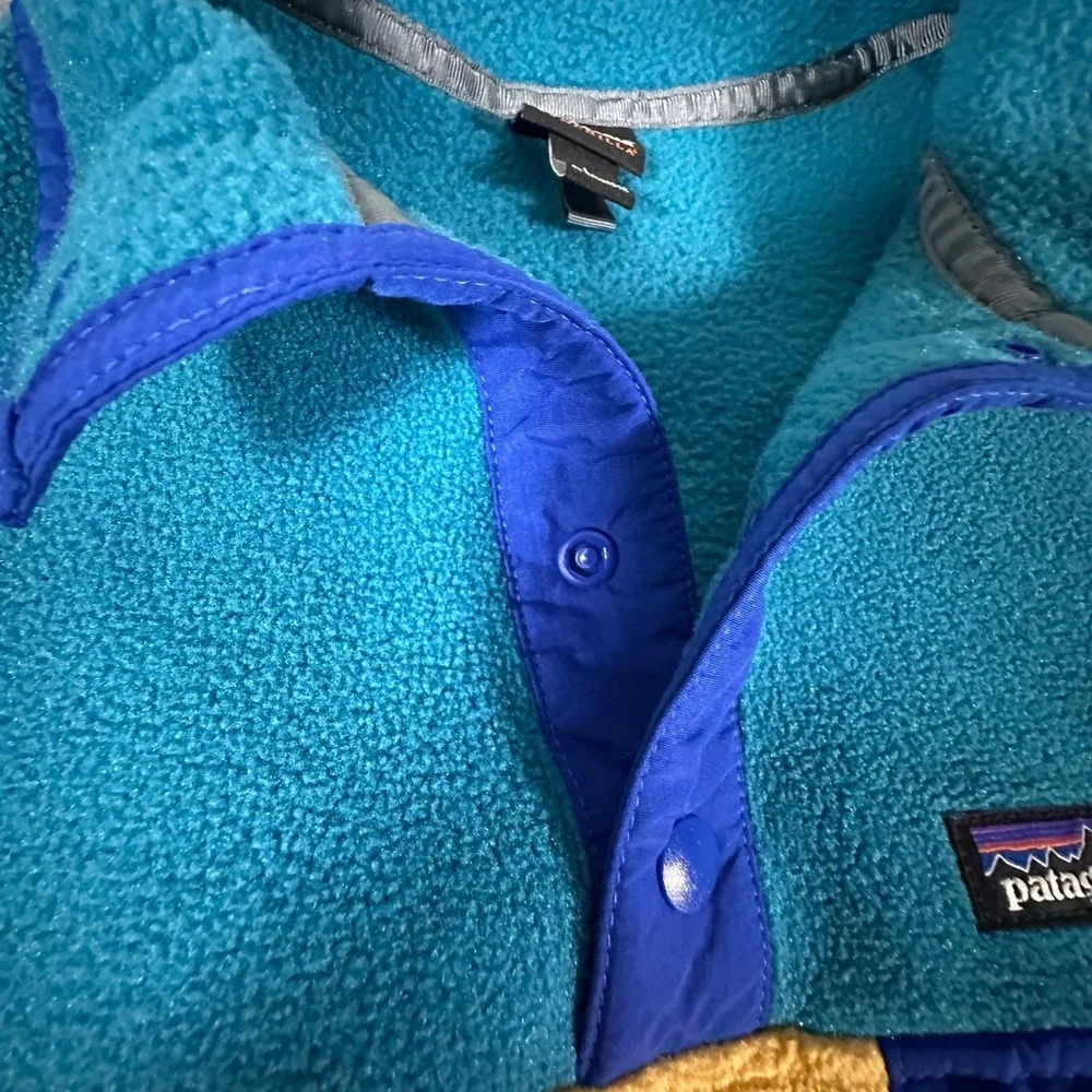 Patagonia Synchilla Snap-T Fleece Size Large Blue Teal Yellow Kids Pullover B4
